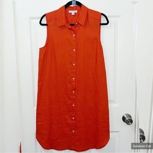 New Pure Navy 100% Linen Women's Orange Button Up Dress Short Sleeve
